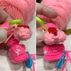 two pictures of a pink crocheted mouse