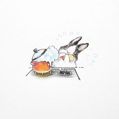 a drawing of a rabbit cooking food on a stove top with steam coming out of it