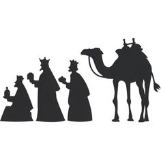 the silhouettes of three wise men and a camel are depicted in this black and white photo