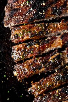 the meat is cooked and ready to be served on the grilling pan for consumption