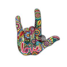 a colorful peace sign with the word love written in it's middle hand, on a white background