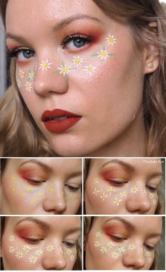 Face Painting Aesthetic Flowers, Flower Freckles, Warm Makeup, Maquillage Yeux Cut Crease, Freckles Makeup, Eyeliner Designs, Orange Makeup, Flower Makeup