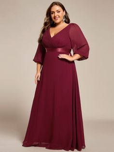 Plus Size Empire Waist Pleated Chiffon Long Sleeves Formal Evening Dress #color_Burgundy Plus Size Formal, Formal Evening Dress, Pleated Chiffon, Guest Attire, Wedding Attire Guest, Empire Waistline, Black Evening Dresses, Chiffon Long Sleeve, Maxi Dress Evening