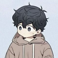 a boy with black hair wearing a brown hoodie