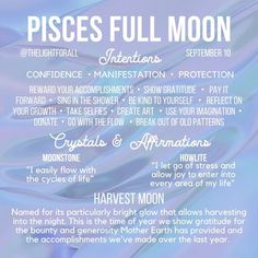 a poster with the words piscs full moon written in white and blue ink