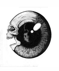 a black and white drawing of two skulls in a circle