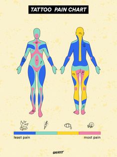 Do Tattoos Hurt? Pain Chart and Pain Relief Tips Pain Chart For Tats, Minimalist Tattoo Placement Ideas, Painful Tattoo Areas Charts, Tattoo Hurtness Chart, Tattoo Spots For Women Least Painful, Tattoo Painful Chart Women, Most Painful Tattoo Areas, Cute Tattoos Ideas, Back Tattoos Ideas