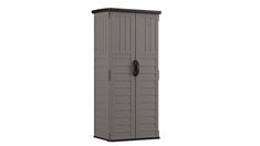 an outdoor storage cabinet with the door open and black handle on it's side