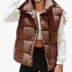 Nwt Chocolate Brown Puffer Vest. Beautiful Color. Never Worn Except For Style Photo. Chocolate Brown Gilet, North Face Puffer Vest Brown, Puffer Vest Women, Gilet Jacket, Layering Style, Perfect Winter Outfit, White Puffer Vest, Brown Puffer, Sleeveless Puffer