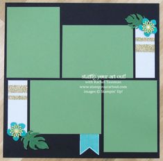 a scrapbook with some green and white papers on it, including flowers in the corner