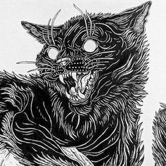 a black and white drawing of a cat with its mouth wide open, showing teeth