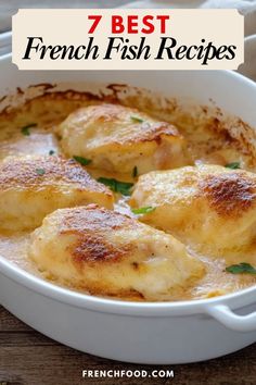 a casserole dish filled with chicken and cheese in a white bowl on top of a wooden table