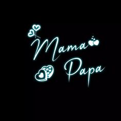 the logo for mama papaa is shown in neon blue and white letters on a black background