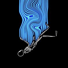 a blue and black background with lines in the shape of a wave on top of a pair of scissors