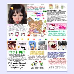 an advertisement with many different pictures and words on it's front page, including images of anime characters