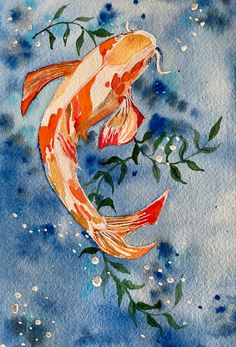 a watercolor painting of a koi fish with leaves on it's tail