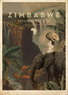 an elephant standing in front of a waterfall with a hat on its head and the words zimbabwe above it