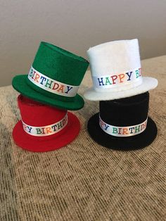 Set of 4 Happy Birthday top hats Mini Hats, Top Hats, From Santa, Santa Maria, Top Hat, Small Tops, Fascinator, Fedora, Caps Hats