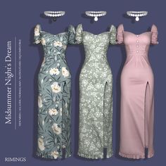 three dresses with flowers on them are shown in four different colors and sizes, one is pink, the other is blue