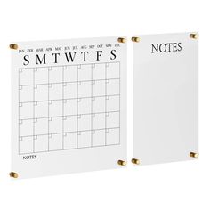 two white calendars with gold handles on each side and the words smtwtfs written