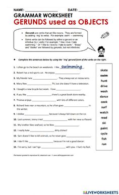 an english worksheet with the words gerunds used as objects in it