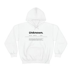 "\"Unknown\" Definition Graphic Sweatshirt Abstract, Definition, Minimalist, College, Trendy, House, Leisure, Work Out, Exercise  50% cotton, 50% polyester Medium-heavy fabric Classic fit Tear-away label Runs true to size" Basic White Hoodie With Letter Print, Hooded Relaxed Fit Top With Branding, White Hoodie With Letter Print For Everyday, Everyday White Hoodie With Letter Print, White Letter Print Hoodie For Everyday, White Text Print Hoodie, White Text Print Hoodie Tops, White Pre-shrunk Cotton Hoodie, White Cotton Hoodie