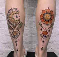 two tattoos on legs with flowers and stars