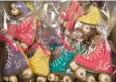 there are many decorated roller skates in plastic bags