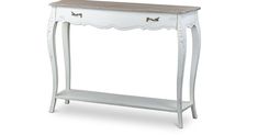 a white console table with two drawers on one side and an open drawer on the other