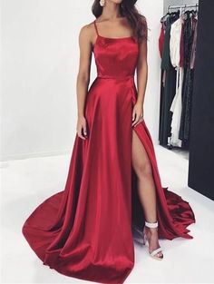 MC140,Red A-Line Satin Prom Dress Evening Dresses on Storenvy Cheer Dress, Prom Dress Evening, Spaghetti Strap Prom Dress, Prom Dresses Two Piece, Evening Party Gowns, Lace Prom Dress, Gowns Prom, Red Prom, Satin Prom Dress