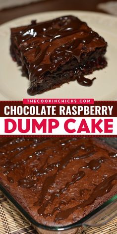 chocolate raspberry dump cake on a plate with the words, chocolate raspberry dump cake