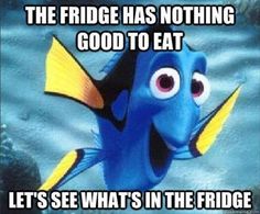 a blue and yellow fish with caption that reads, the fridge has nothing good to eat let's see what's in the fridge