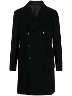 black virgin wool blend notched lapels double-breasted button fastening long sleeves adjustable strap to the rear two side flap pockets central rear vent straight hem thigh-length