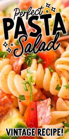 pasta salad with tomatoes, ham and parsley in a white bowl