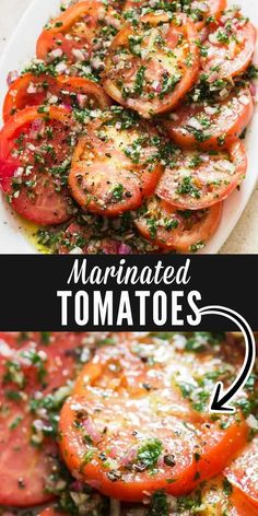 close up view of marinated tomatoes Healthy Simple Side Dishes, Sliced Tomatoes, Tomato Dishes, Fresh Tomato Recipes, Marinated Tomatoes, Tomato Salad Recipes, Vegetable Side Dishes Recipes, Salad Pasta, Side Dishes Recipes