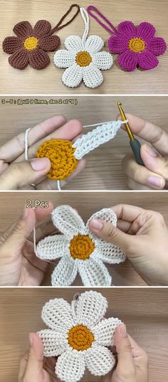 crocheted flowers are being worked on by someone using the same yarn and thread