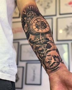 a man with a clock tattoo on his arm