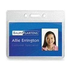 an id badge with a woman's face and name on the front of it