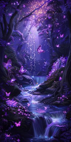 a painting of butterflies flying over a stream in the woods with purple flowers on it