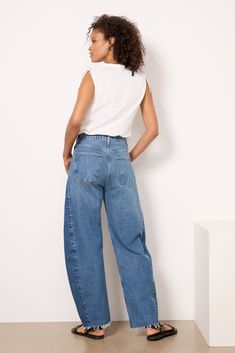 A bowed leg with pieced outseam detailing defines these stylish AGOLDE jeans. The Luna barrel jean is crafted in structured non-stretch denim with a relaxed fit, high-rise waist, and raw hems. Dress them up with a tank and heels, or style with a tee and sandals for a casual-cool look. | AGOLDE Women's Luna Pieced Denim Jeans, Size 29, Blue Inside Out Style, Agolde Jeans, Brand Style Guide, Fashion 101, Fall Shopping, Tee Dress, Work Fashion, Fall Trends, Stretch Denim