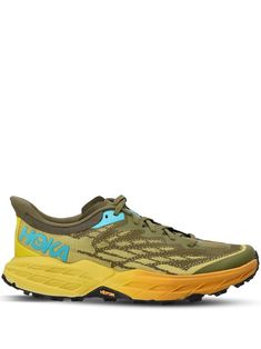 khaki/multicolour front lace-up fastening micro-mesh panels logo print to the side chunky rubber sole branded insole round toe Hoka Speedgoat, Sneakers Green, Sneaker Design, Hoka One One, Print Sneakers, Chunky Sneakers, Trail Running Shoes, Green And Khaki, Mesh Panel