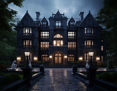 a large building with lots of windows and lights on it's front entrance at night