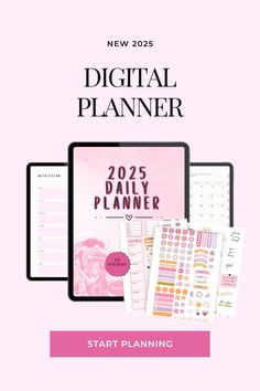 the new digital planner is on display in front of a pink background with text that reads,