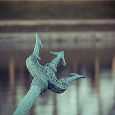 a close up of a metal object with water in the background