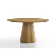 a round wooden table on a white surface with no one around the table to see it