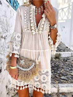 3/4 Sleeve V Neck Holiday Boho Smock Dress Lace Dress Boho, Fringe Mini Dress, Beach Mini Dress, Sweet Lady, Womens Shift Dresses, Shift Dresses, Khaki Dress, Summer Party Dress, Mini Dress Casual