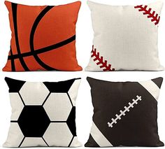 four pillows with different designs on them, one is basketball and the other has soccer balls