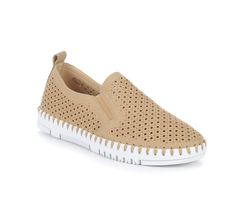 Breathable perforated synthetic upper, Easy slip-on entry with elastic panels, Closed round toe, Approx. 1 1/4 inch lift height, Cushioned unlined insole, Flexible rubber midsole with stitching details and durable outsole, Patrizia® branding details | Women's Patrizia Surfie Slip-On Shoes in Tan Size 6 Slip-ons With Perforations And Round Toe, Perforated Round Toe Slip-ons, Perforated Slip-ons With Round Toe, Spring Synthetic Slip-on Sneakers With Perforations, Slip-ons With Perforated Toe Box And Flat Heel, Spring Flat Slip-ons With Perforations, Spring Beige Slip-ons With Perforated Toe Box, Beige Slip-ons With Perforated Toe Box For Spring, Comfortable Slip-ons With Perforations And Round Toe