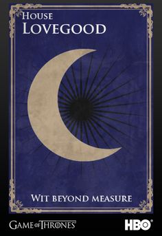 the game of thrones house lovegod logo on a blue background with an image of a crescent moon