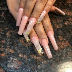 White And Baby Pink Nails, Acrylic Nails With Gold Foil, Acrylic Nails With Gold, Baby Pink Nails Acrylic, Nails Grunge, Kylie Nails, Nails With Gold, Gold Acrylic Nails, Glitter Nails Acrylic